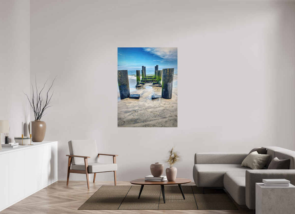 Between Sea and Sky — 42 x 56″ room mockup; finish varies by configuration.