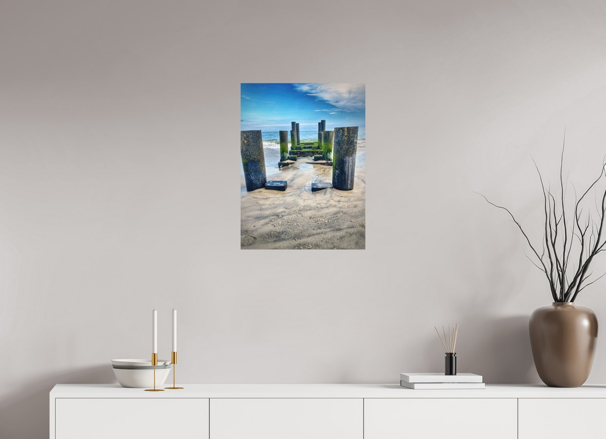 Between Sea and Sky — 18 x 24″ room mockup; finish varies by configuration.