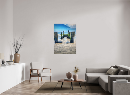 Between Sea and Sky — 36 x 48″ room mockup; finish varies by configuration.