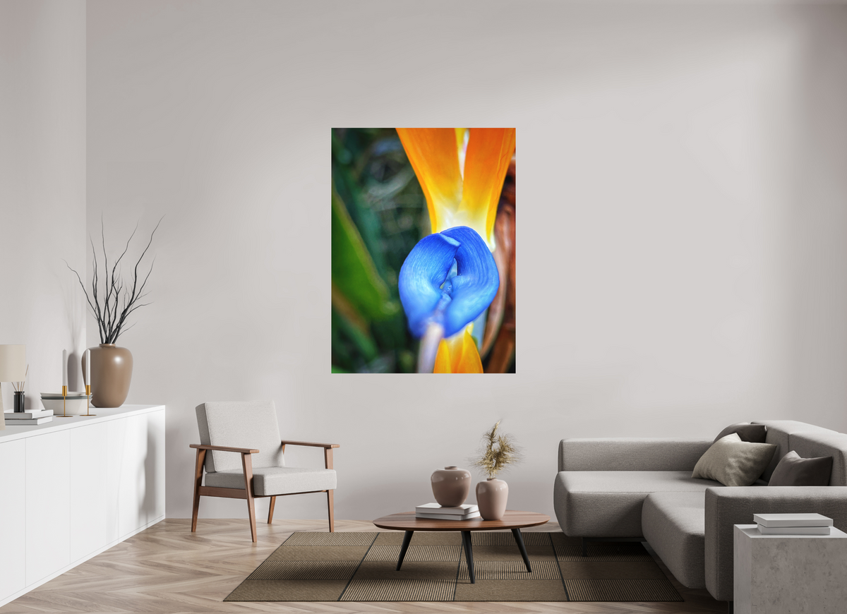 Fire Meets Sky — 45 x 60″ room mockup; finish varies by configuration.
