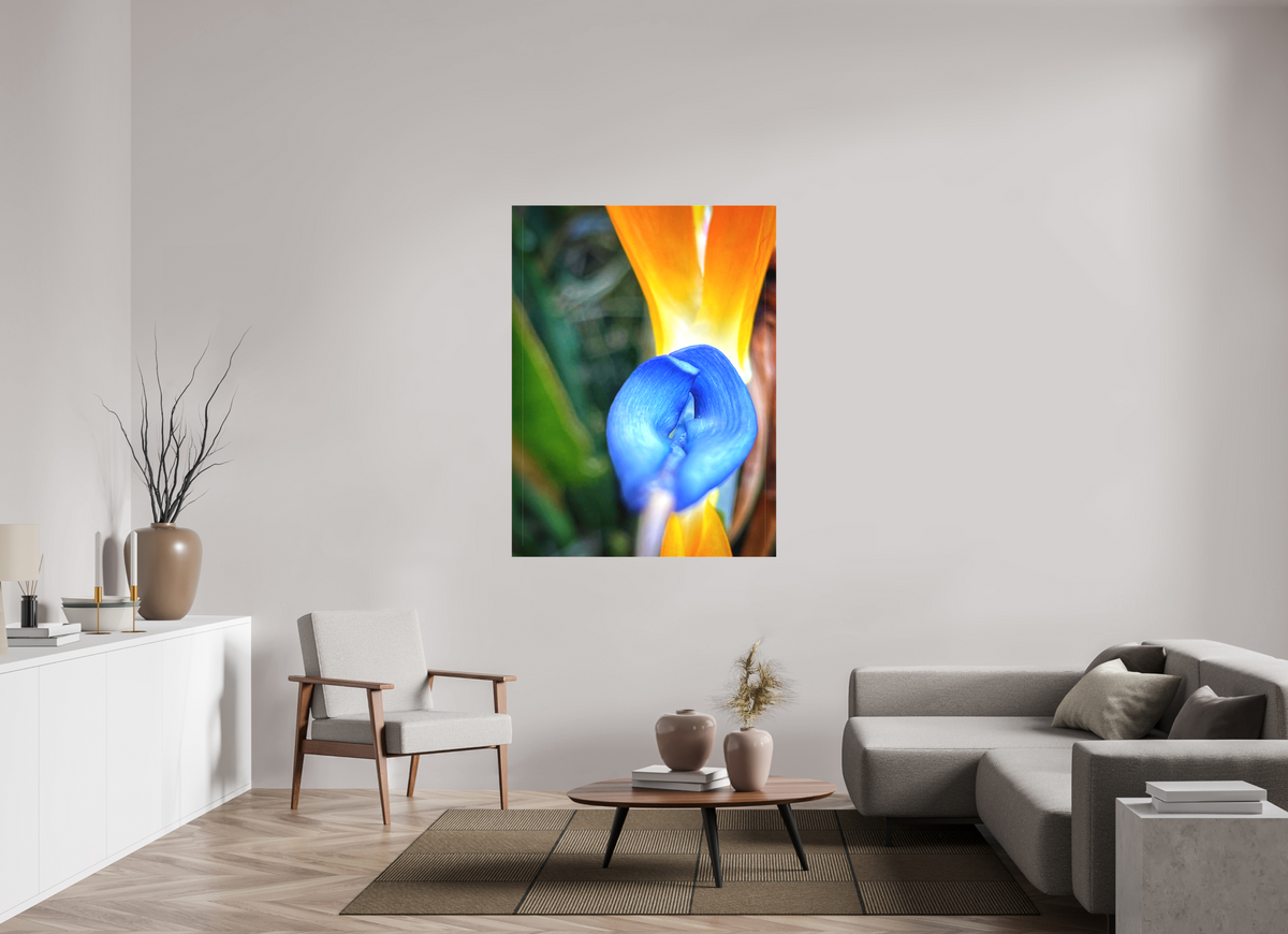 Fire Meets Sky — 42 x 56″ room mockup; finish varies by configuration.