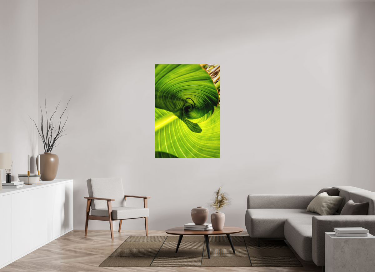 The Inward Spiral — 36 x 52″ room mockup; finish varies by configuration.