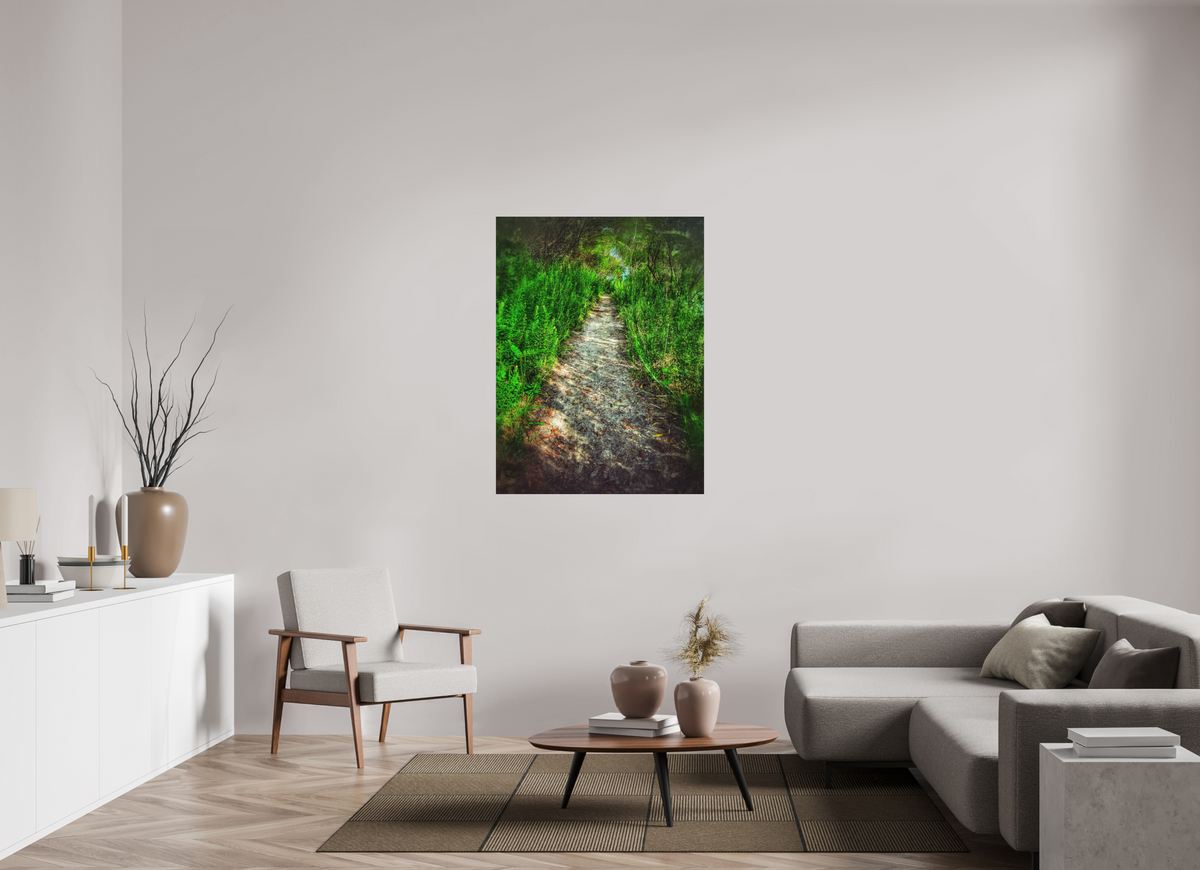 The Green Passage — 36 x 48″ room mockup; finish varies by configuration.