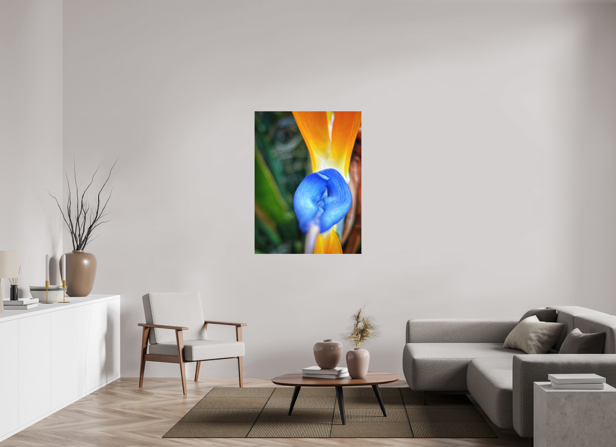 Fire Meets Sky — 36 x 48″ room mockup; finish varies by configuration.