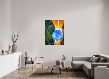 Fire Meets Sky — 36 x 48″ room mockup; finish varies by configuration.