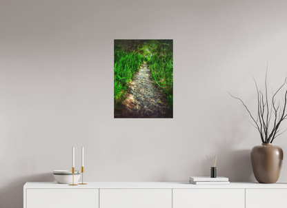 The Green Passage — 18 x 24″ room mockup; finish varies by configuration.